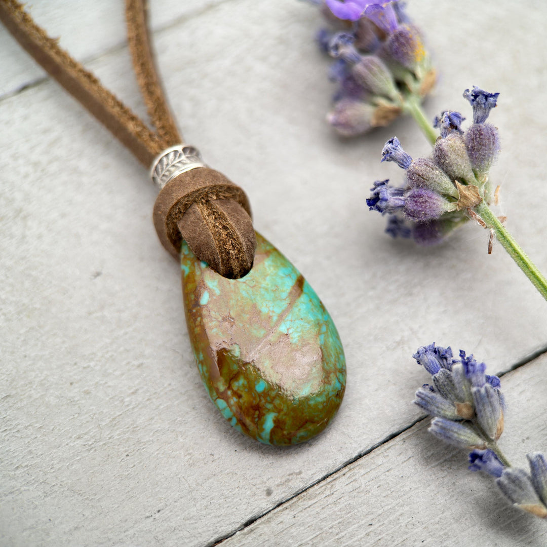 Kingman Turquoise Leather Necklace – Green Turquoise Pendant with Hill Tribe Silver – Adjustable & Handmade in the USA - SunlightSilver