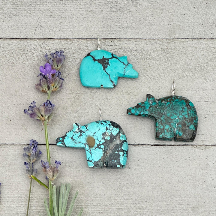 Carved Turquoise Bear Pendant - Solid Sterling Silver Necklace - Vintage Zuni 3D Carving Fetish - Southwest Boho Unique - Choose Your Bear - SunlightSilver