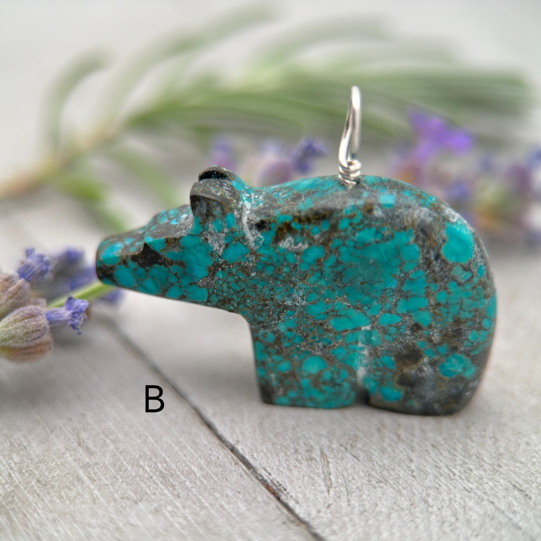 Carved Turquoise Bear Pendant - Solid Sterling Silver Necklace - Vintage Zuni 3D Carving Fetish - Southwest Boho Unique - Choose Your Bear - SunlightSilver