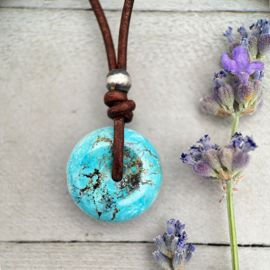 Natural Blue Turquoise Donut Necklace on Rustic Leather – December Birthstone - Handmade in the USA - SunlightSilver