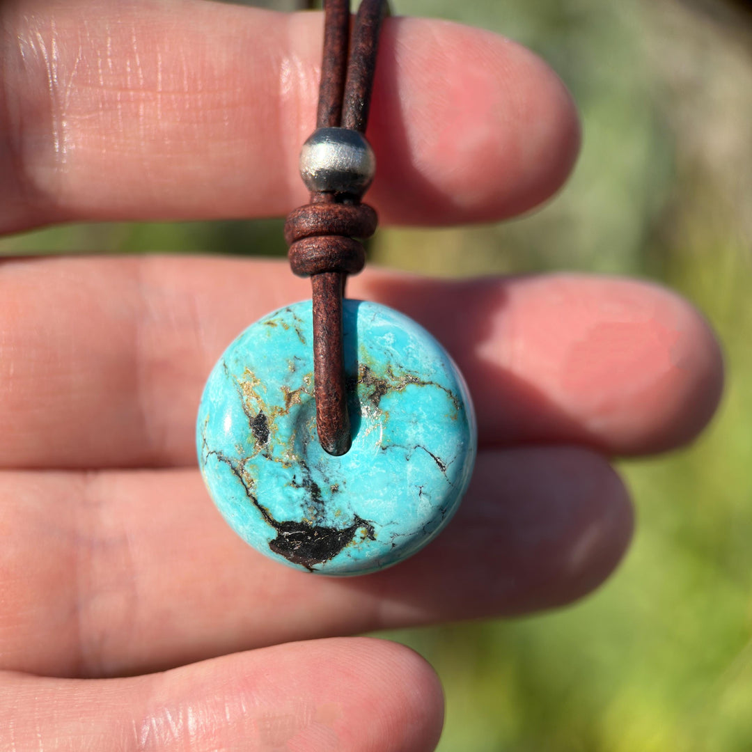Natural Blue Turquoise Donut Necklace on Rustic Leather – December Birthstone - Handmade in the USA - SunlightSilver