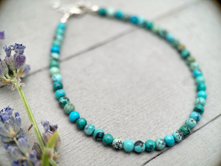 Turquoise Beaded Bracelet – 3mm Colorful Green-Blue Gemstones with Solid 925 Sterling Silver – Handmade in the USA - Adjustable - SunlightSilver
