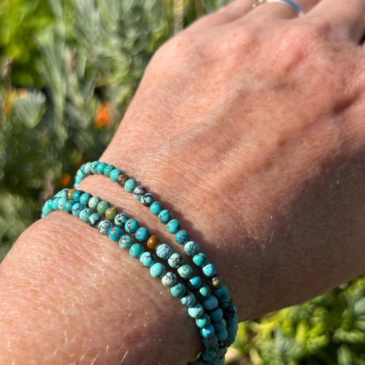 Turquoise Beaded Bracelet – 3mm Colorful Green-Blue Gemstones with Solid 925 Sterling Silver – Handmade in the USA - Adjustable - SunlightSilver