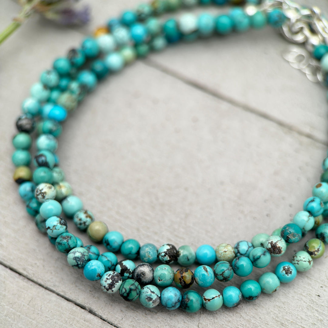 Turquoise Beaded Bracelet – 3mm Colorful Green-Blue Gemstones with Solid 925 Sterling Silver – Handmade in the USA - Adjustable - SunlightSilver