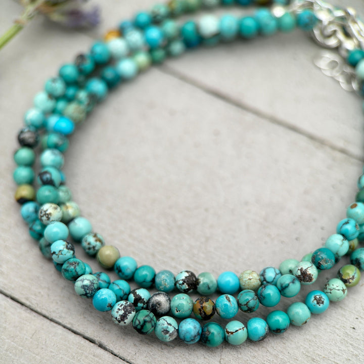 Turquoise Beaded Bracelet – 3mm Colorful Green-Blue Gemstones with Solid 925 Sterling Silver – Handmade in the USA - Adjustable - SunlightSilver