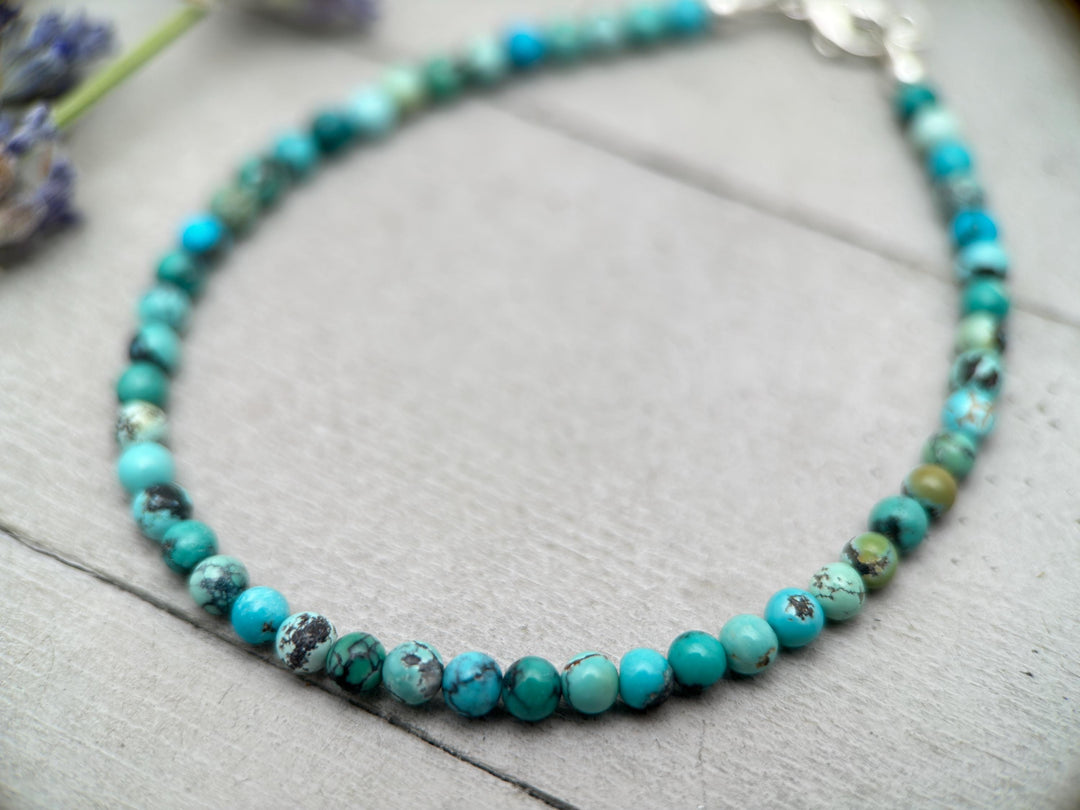 Turquoise Beaded Bracelet – 3mm Colorful Green-Blue Gemstones with Solid 925 Sterling Silver – Handmade in the USA - Adjustable - SunlightSilver
