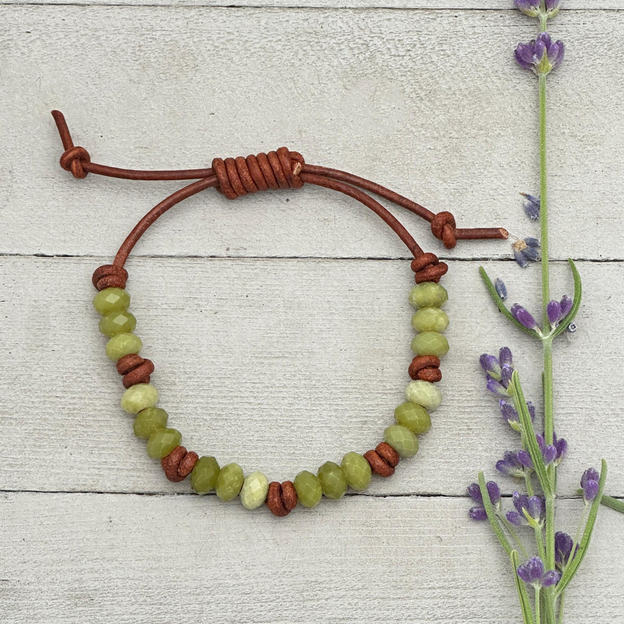 Natural Faceted Green Jade and Rustic Brown Leather Layering Bracelet - SunlightSilver