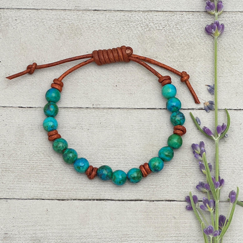 Azurite Gemstone and Rustic Brown Leather Bracelet - SunlightSilver
