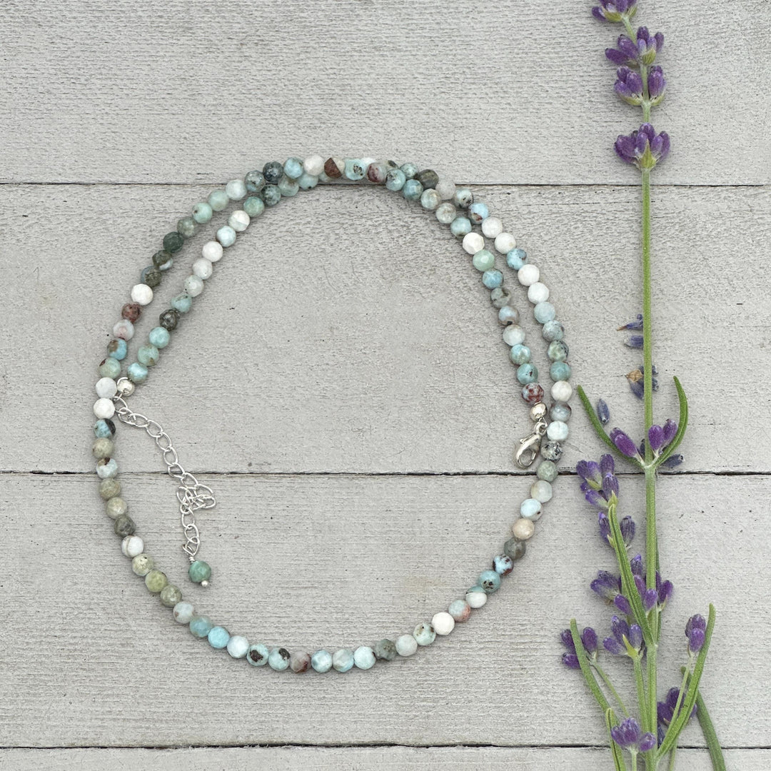 4mm Multicolor Faceted Beaded Larimar and Sterling Silver Silver Necklace - SunlightSilver