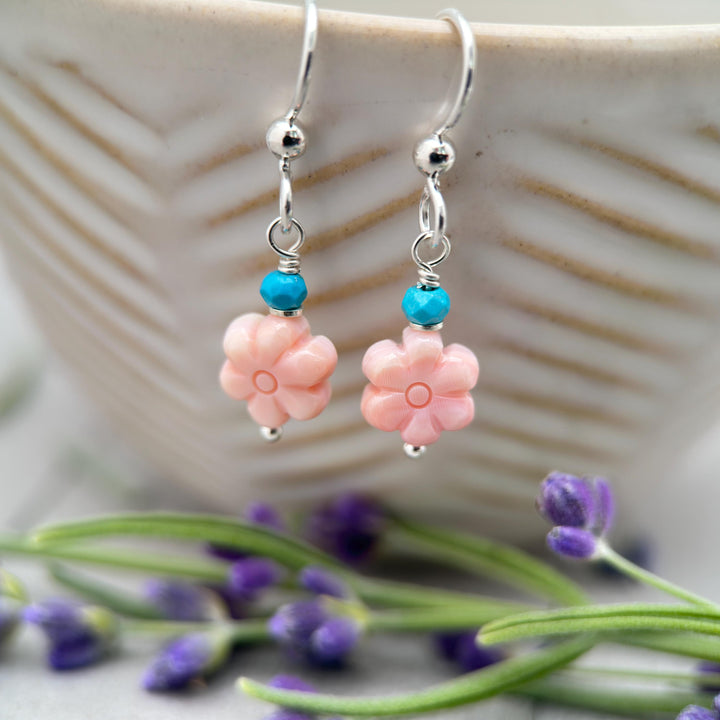 Pink Queen Conch Shell Small Flower, Turquoise and Solid Sterling Silver Earrings - SunlightSilver