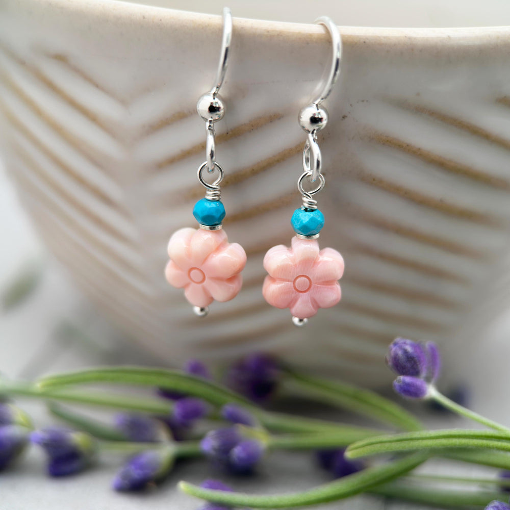 Pink Queen Conch Shell Small Flower, Turquoise and Solid Sterling Silver Earrings - SunlightSilver