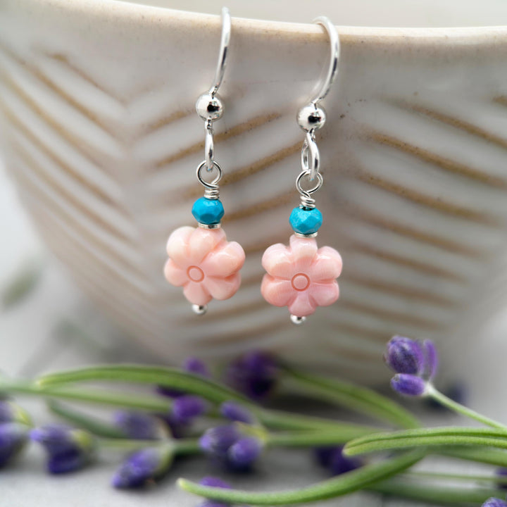 Pink Queen Conch Shell Small Flower, Turquoise and Solid Sterling Silver Earrings - SunlightSilver