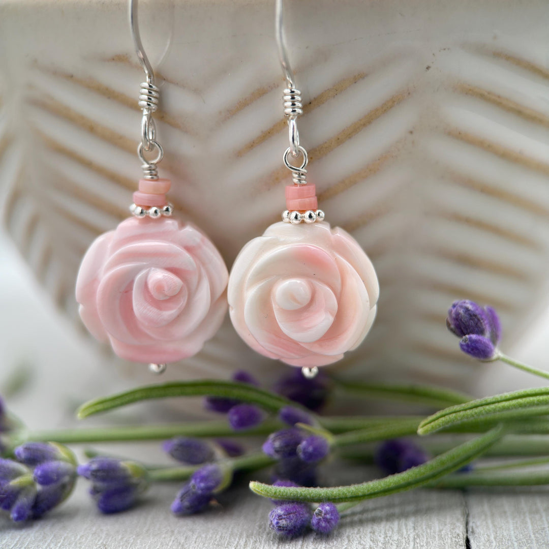 Pink Queen Conch Shell Large Rose Flower and Solid Sterling Silver Earrings - SunlightSilver