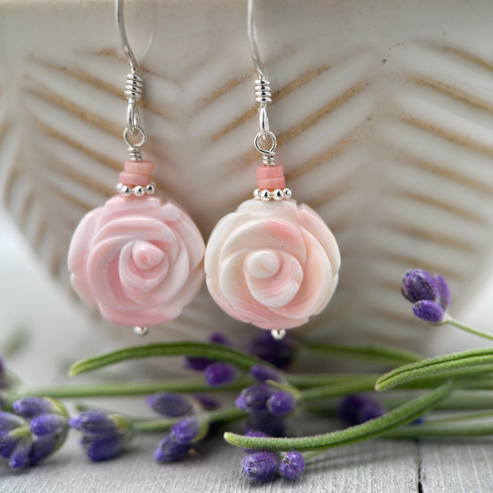 Pink Queen Conch Shell Large Rose Flower and Solid Sterling Silver Earrings - SunlightSilver