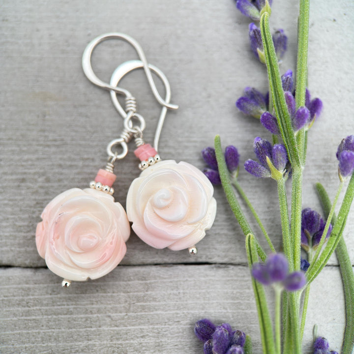 Queen Conch Shell Flower Earrings | Light Blush Pink Rose Earrings | Solid 925 Sterling Silver | Tropical Beach Jewelry - SunlightSilver