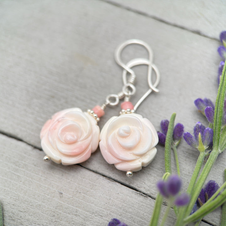 Pink Queen Conch Shell Large Rose Flower and Solid Sterling Silver Earrings - SunlightSilver