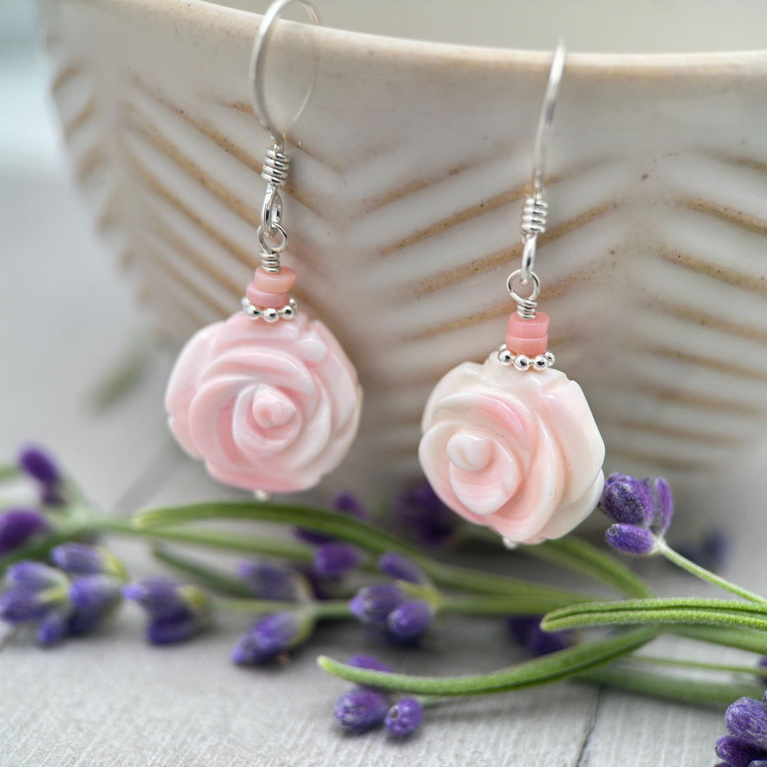 Pink Queen Conch Shell Large Rose Flower and Solid Sterling Silver Earrings - SunlightSilver