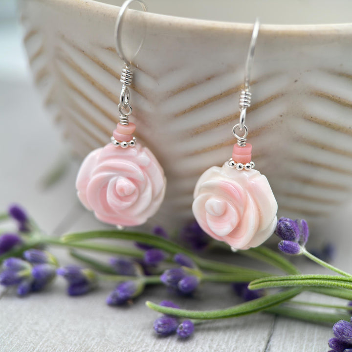 Pink Queen Conch Shell Large Rose Flower and Solid Sterling Silver Earrings - SunlightSilver