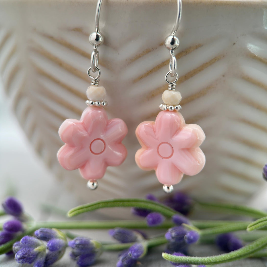 Pink Queen Conch Shell Large Flower and Solid Sterling Silver Earrings - SunlightSilver