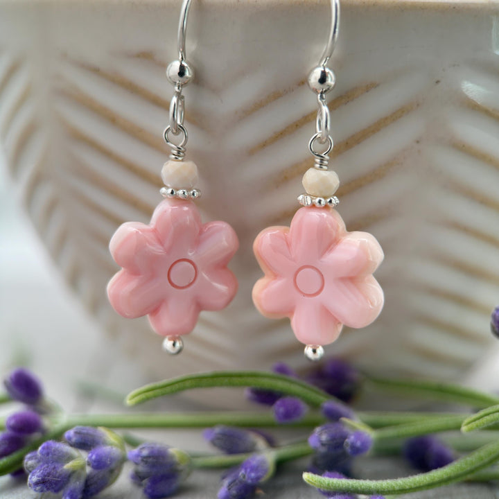 Pink Queen Conch Shell Large Flower and Solid Sterling Silver Earrings - SunlightSilver