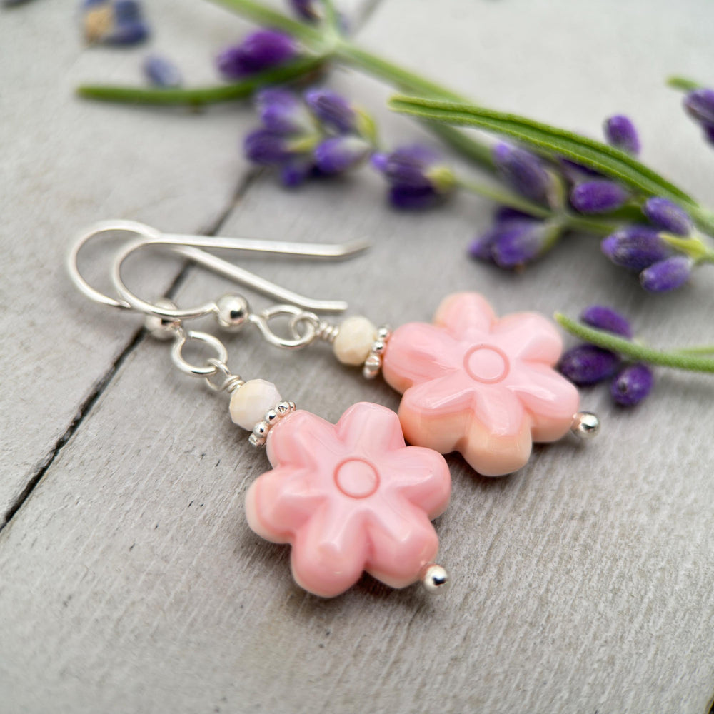 Pink Queen Conch Shell Large Flower and Solid Sterling Silver Earrings - SunlightSilver