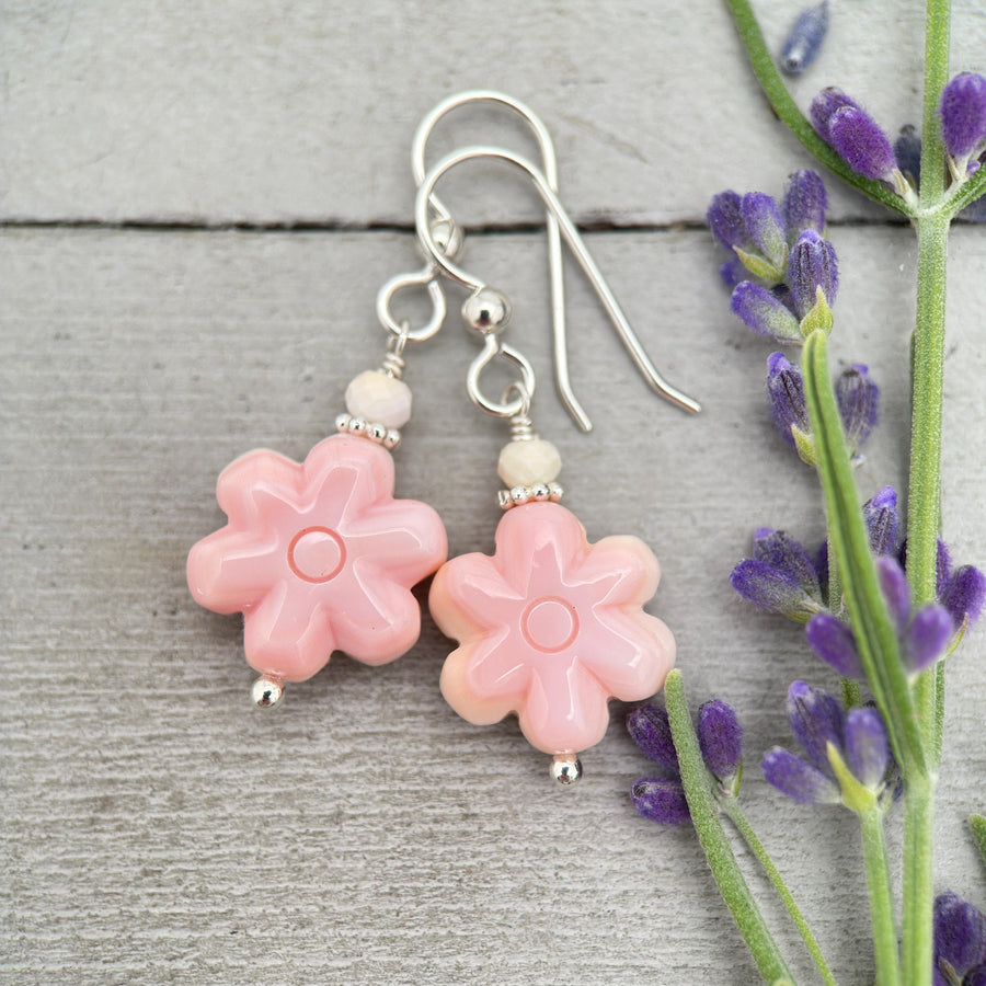 Pink Queen Conch Shell Large Flower and Solid Sterling Silver Earrings - SunlightSilver