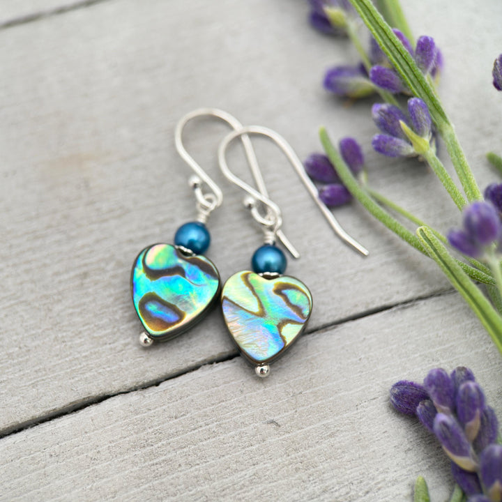 Paua Abalone Shell Heart Earrings – Sterling Silver Ocean Jewelry – Rainbow Shell Freshwater Pearls – Boho Beach Gift for Her – Handmade - SunlightSilver