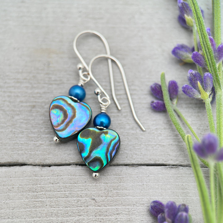 Paua Abalone Shell Heart Earrings – Sterling Silver Ocean Jewelry – Rainbow Shell Freshwater Pearls – Boho Beach Gift for Her – Handmade - SunlightSilver