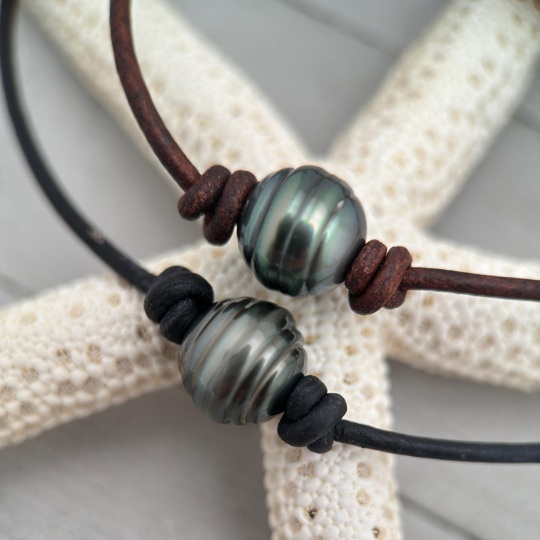 Tahitian Pearl Leather Necklace – Genuine Large 12-13mm Baroque Pearl – Rustic Brown or Black Cord - Adjustable Wear it long or short - SunlightSilver