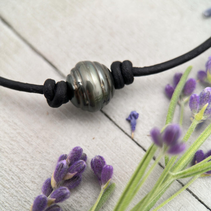Tahitian Pearl Leather Necklace – Genuine Large 12-13mm Baroque Pearl – Rustic Brown or Black Cord - Adjustable Wear it long or short - SunlightSilver