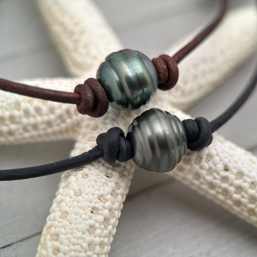 Tahitian Pearl Leather Necklace – Genuine Large 12-13mm Baroque Pearl – Rustic Brown or Black Leather Cord - Adjustable For Him or Her - SunlightSilver