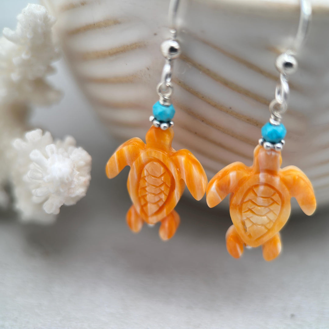 Orange Spiny Oyster Sea Turtle Earrings with Turquoise and Sterling Silver - SunlightSilver