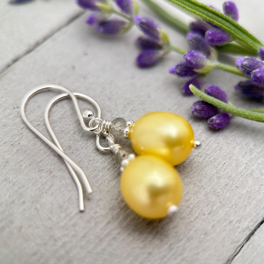 Yellow Freshwater Pearl, Labradorite, and Sterling Silver Earrings - SunlightSilver