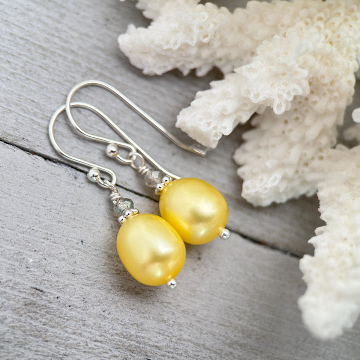 Yellow Freshwater Pearl, Labradorite, and Sterling Silver Earrings - SunlightSilver