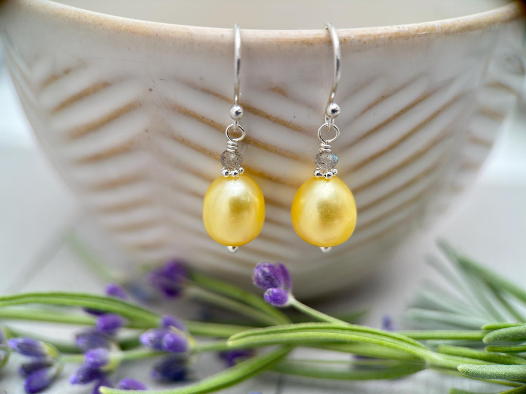 Yellow Pearl and Labradorite Gemstone Earrings | Solid 925 Sterling Silver Earrings | Handmade Freshwater Pearl Jewelry - SunlightSilver