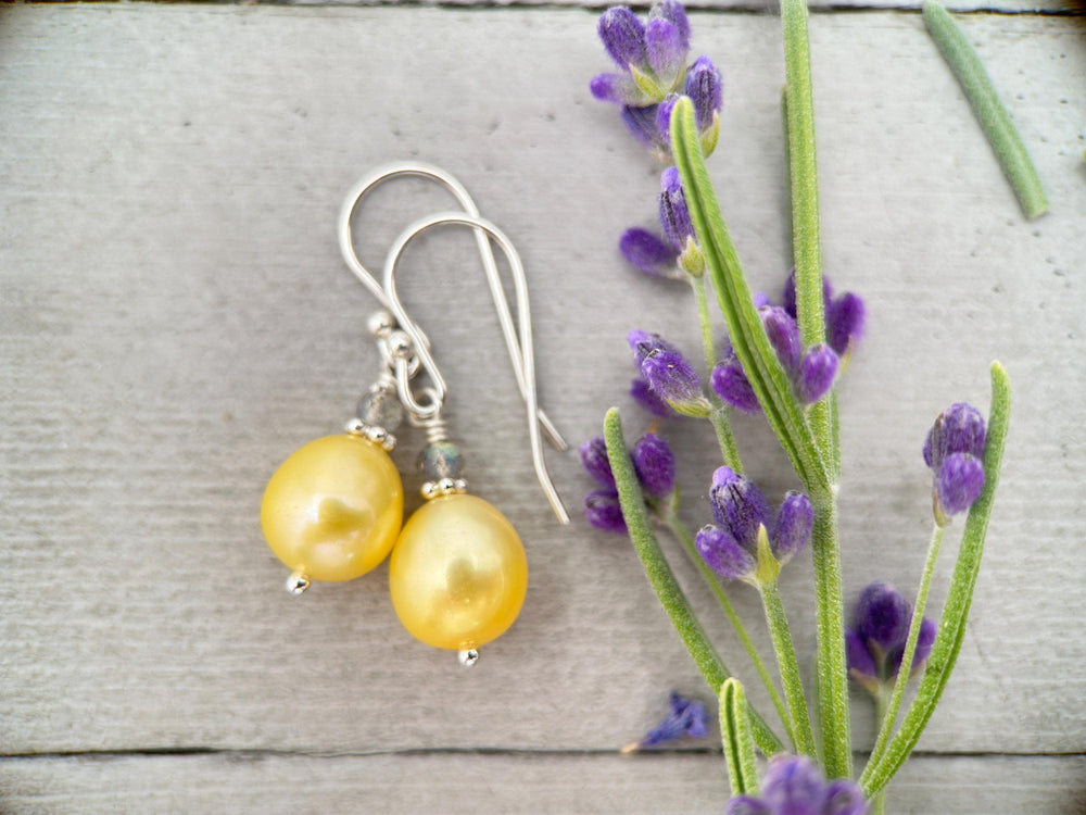 Yellow Freshwater Pearl, Labradorite, and Sterling Silver Earrings - SunlightSilver