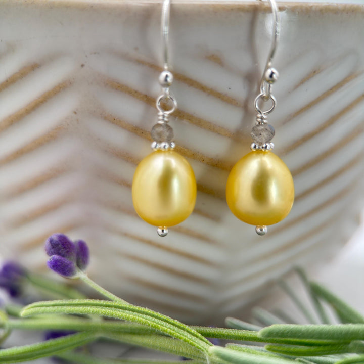 Yellow Freshwater Pearl, Labradorite, and Sterling Silver Earrings - SunlightSilver