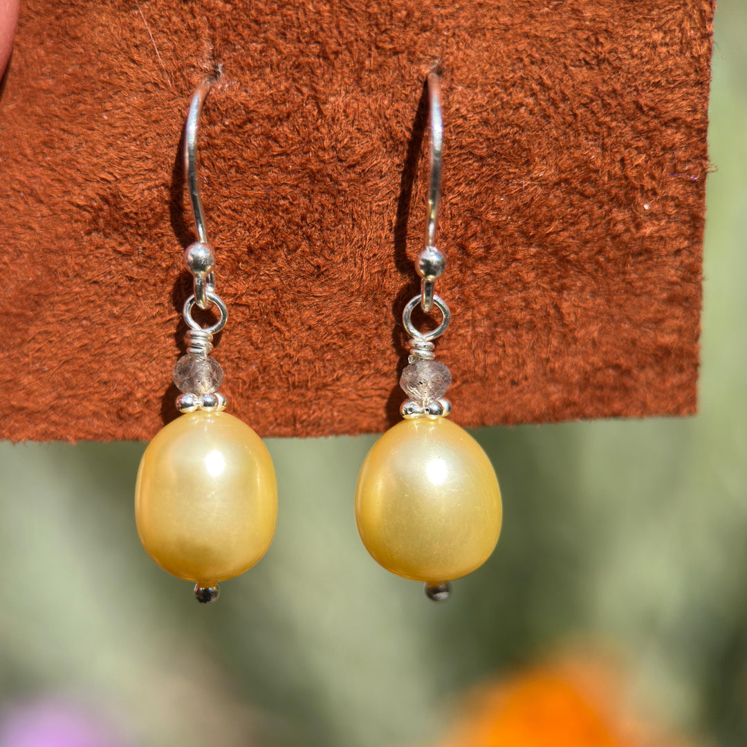 Yellow Freshwater Pearl, Labradorite, and Sterling Silver Earrings - SunlightSilver