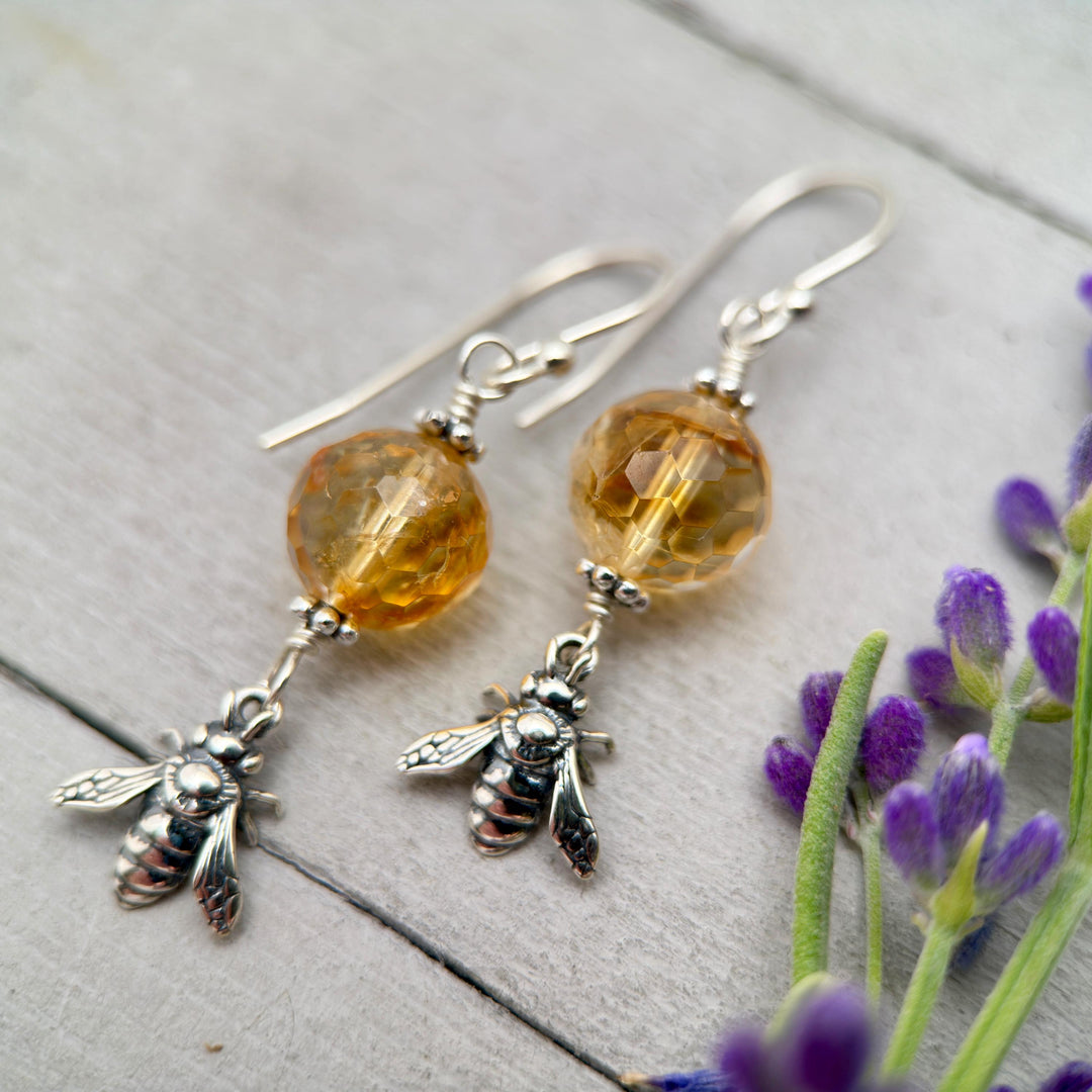 Golden Citrine and Sterling Silver Bee Earrings - SunlightSilver