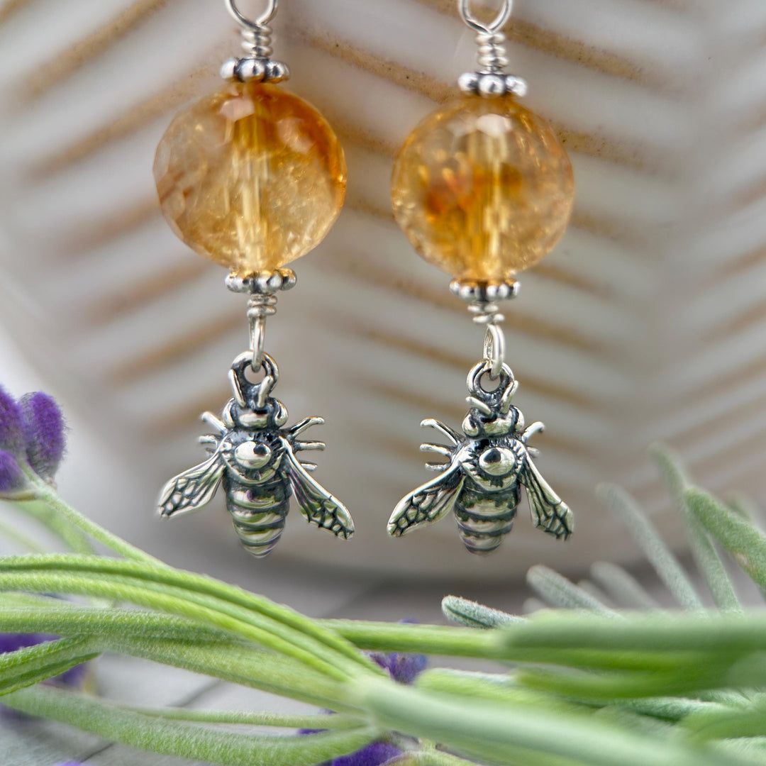 Golden Citrine and Sterling Silver Bee Earrings - SunlightSilver