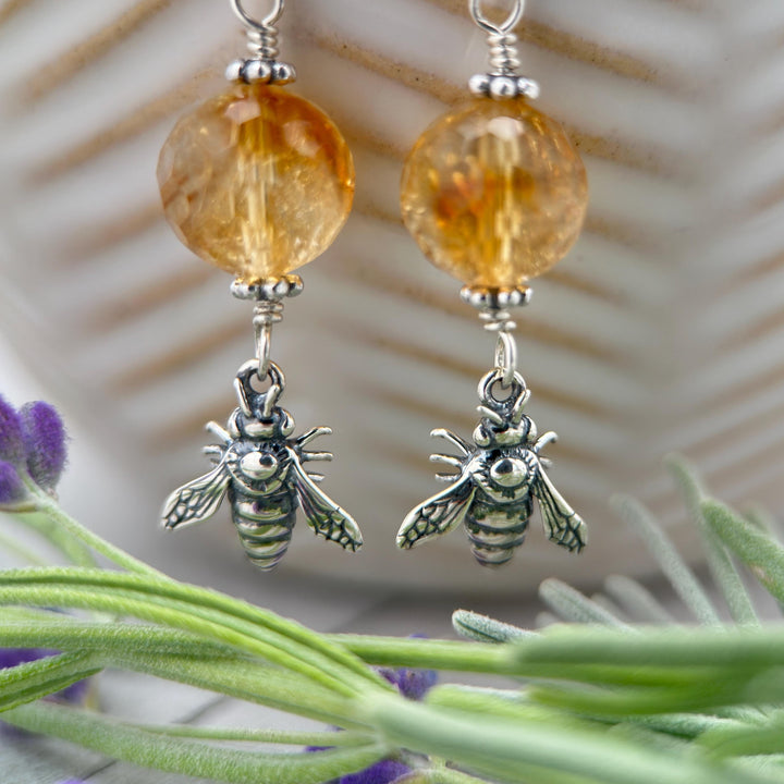 Golden Citrine and Sterling Silver Bee Earrings - SunlightSilver
