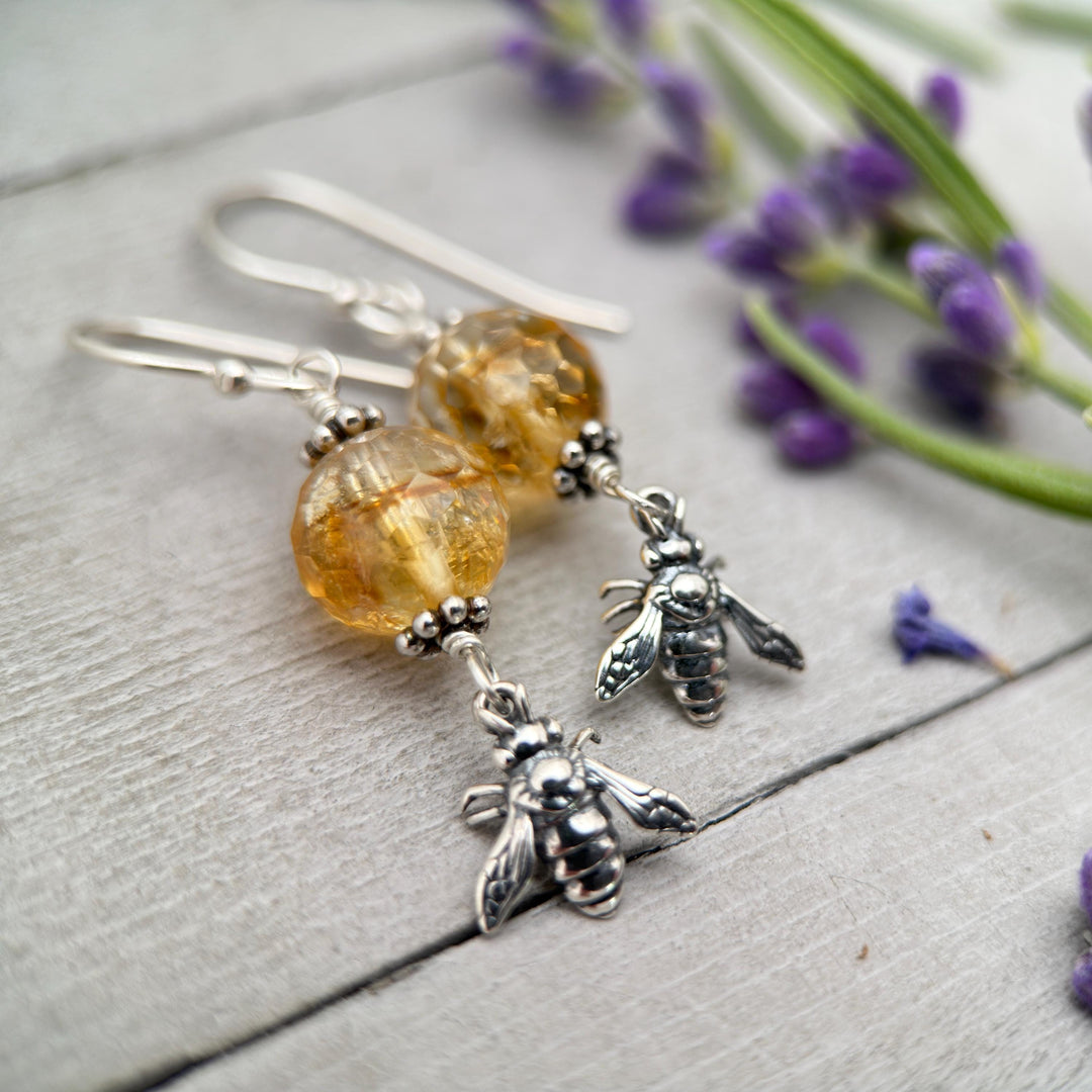 Golden Citrine and Sterling Silver Bee Earrings - SunlightSilver