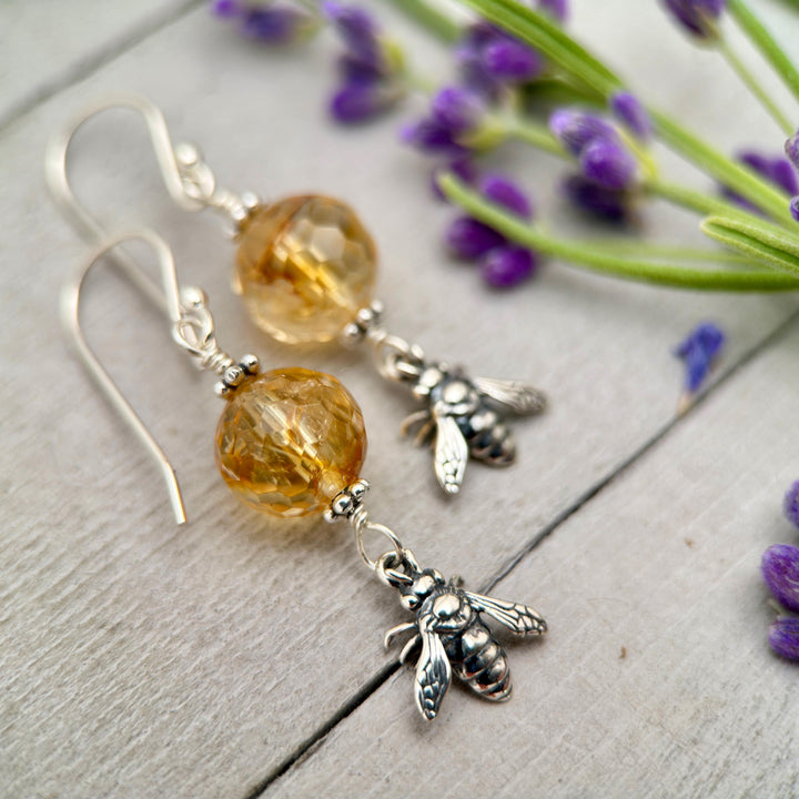 Golden Citrine and Sterling Silver Bee Earrings - SunlightSilver