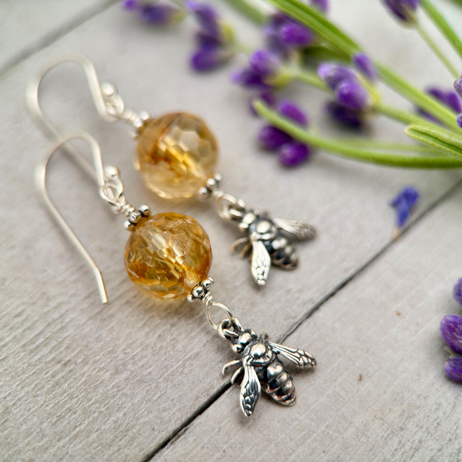 Golden Citrine and Sterling Silver Bee Earrings - SunlightSilver