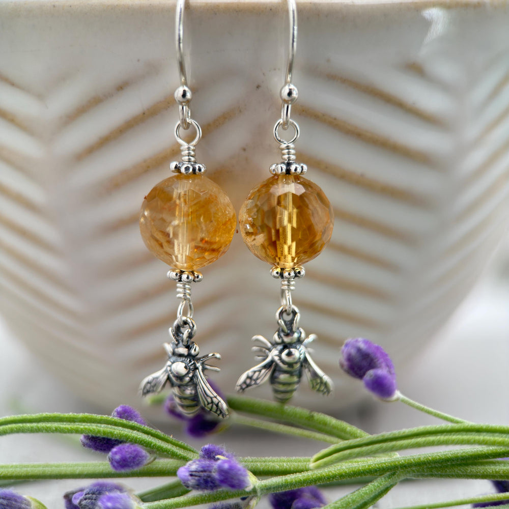 Golden Citrine and Sterling Silver Bee Earrings - SunlightSilver