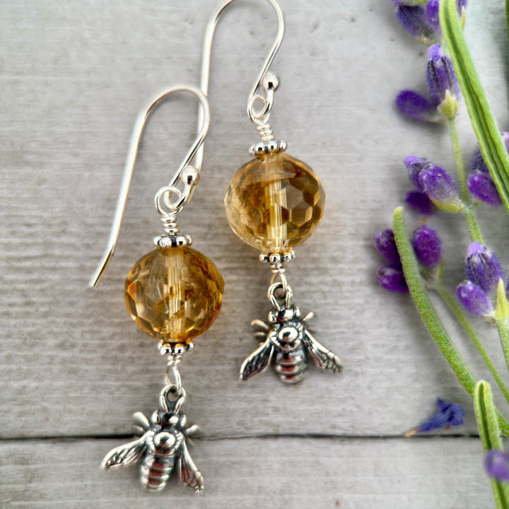 Golden Citrine and Sterling Silver Bee Earrings - SunlightSilver