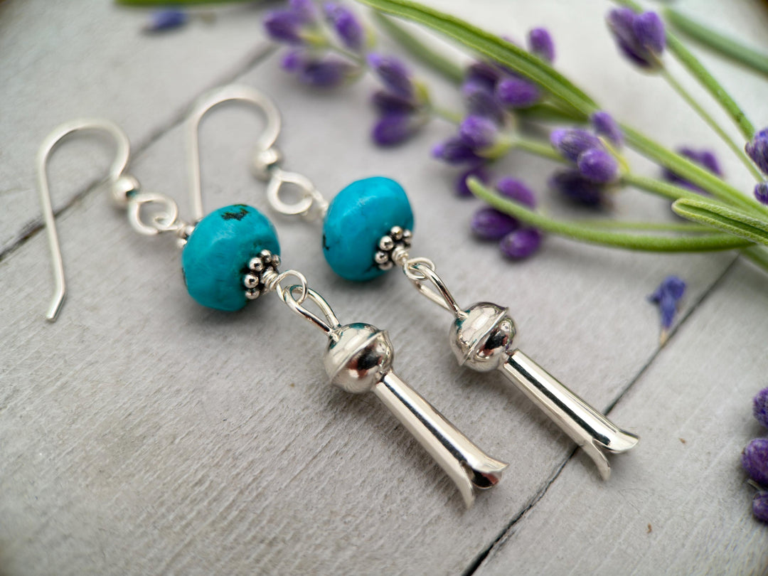 Turquoise and Navajo Sterling Silver Squash Blossom Earrings - SunlightSilver