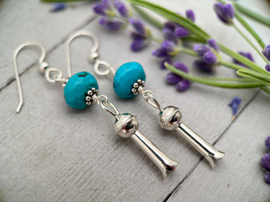 Turquoise and Navajo Sterling Silver Squash Blossom Earrings - SunlightSilver