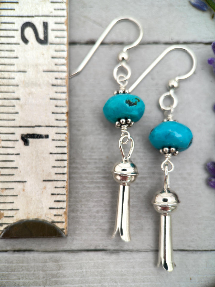 Turquoise and Navajo Sterling Silver Squash Blossom Earrings - SunlightSilver
