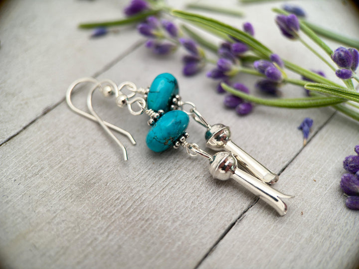 Turquoise and Navajo Sterling Silver Squash Blossom Earrings - SunlightSilver